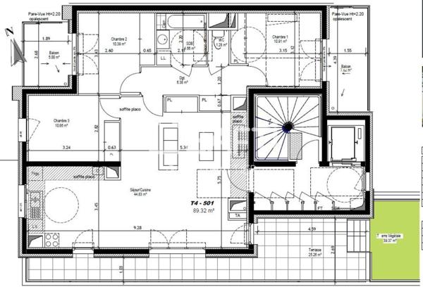 Appartement neuf terminé T4 de 89 m² avec 3 terrasses