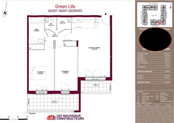 Appartement 2 chambres, 2 balcons à 5minutes du RER A, exposition SUD