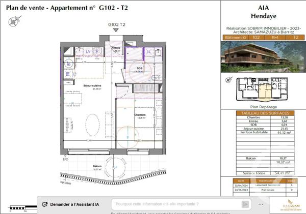 Appartement T3 à vendre  2 pièces - 44,12 m2 HENDAYE - 64