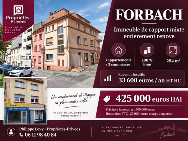 FORBACH - IMMEUBLE DE RAPPORT MIXTE ENTIEREMENT RENOVE - 3 APPARTEMENTS - 2 COMMERCES - 284 M2