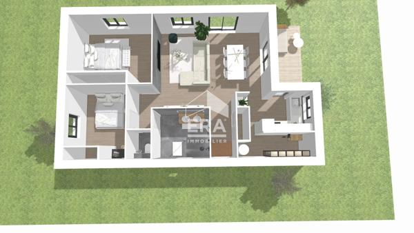 Maison de plain-pied, toit plat, 2 chambres 76.40 m2, carport, terrasse sur terrain 350 m2