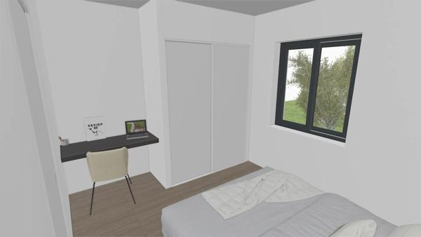 Maison de plain-pied, toit plat, 2 chambres 76.40 m2, carport, terrasse sur terrain 350 m2