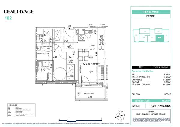 Appartement Sainte Cécile 2 pièces cabine 45.08m²