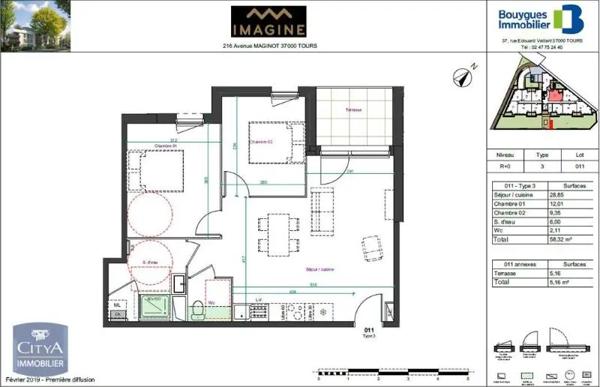 Appartement à louer 3 pièces 58.32m² Tours (37100)