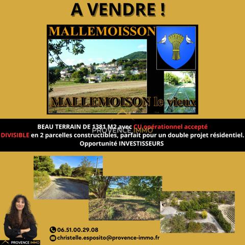 Mallemoisson (04510) EXCLUSIVITÉ ! Terrain constructible de 1380 m2 à Mallemoisson (04) DIVISIBLE 2 constructions POSSIBLES