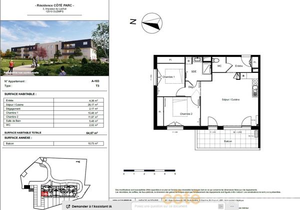 Vente
                Appartement64,67 m² - 3 Pièces -
                    OLEMPS (12510)