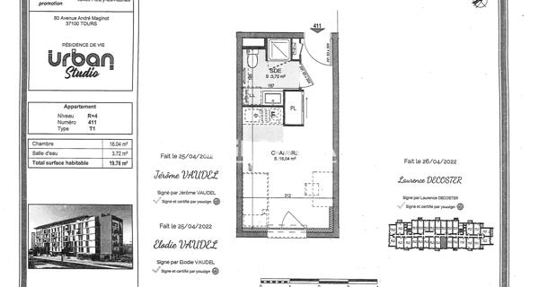 Location Studio meublé 19.76 m² - Tours 37100