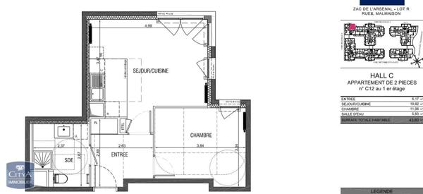 Appartement à louer 2 pièces 43.8m²