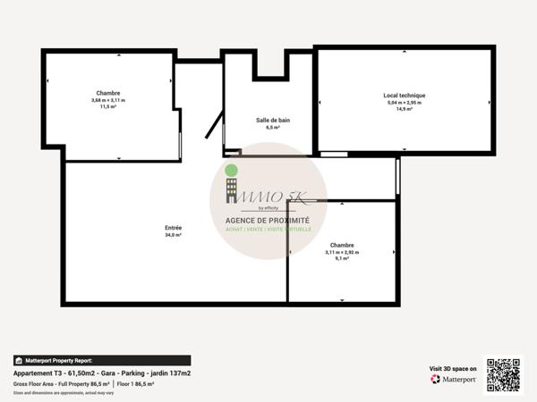 Appartement 3 pièces - 62 m² Exclusivité efficity