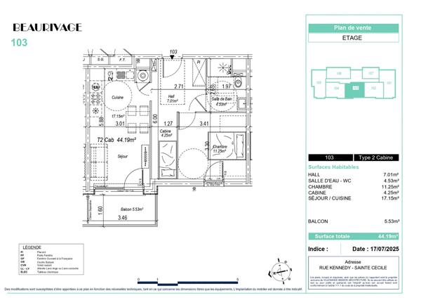 Appartement Sainte Cécile 2 pièces cabine 44.19m²