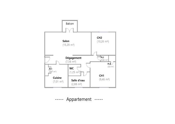 Appartement 3 pièces - 56 m² Exclusivité efficity