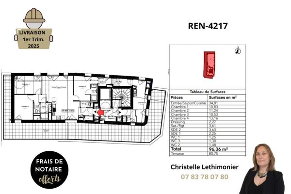 Appartement Rennes 5 pièces - 96.36 m² - Quartier Sainte Thérèse - Dernier étage - Grande terrasse