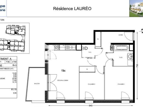 Location Appartement 3 pièces 60.26 m² - RUE GEORGES JEROME DURET Lormont 33310