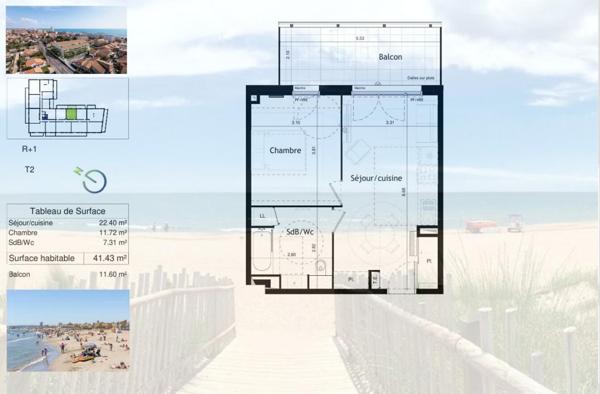 T2 lumineux de plus de 41 m², exposé Est, avec parking privatif, à 150 m de la plage