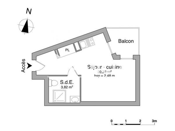 Location Studio 24.1 m² - CAMBRIDGE A Pau 64000