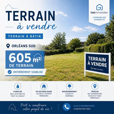 Terrain à bâtir – Orléans Sud – 605 m² – Entièrement viabilisé

À découvrir sans tarder : belle parcelle de terrain à bâtir de 605 m², idéalement située à Orléans Sud, dans un environnement calme et agréable.

Implanté en second rang, ce terrain offre un cadre préservé, à l’abri des nuisances, tout en restant proche des commodités, écoles et axes principaux.

Entièrement viabilisé (eau, électricité, tout-à-l’égout), il est prêt à accueillir votre futur projet de construction.

✔ Superficie : 605 m²
✔ Terrain en second rang
✔ Viabilisé
✔ Environnement calme
✔ Proche des commodités

Une belle opportunité pour concrétiser votre projet de vie dans un secteur recherché.