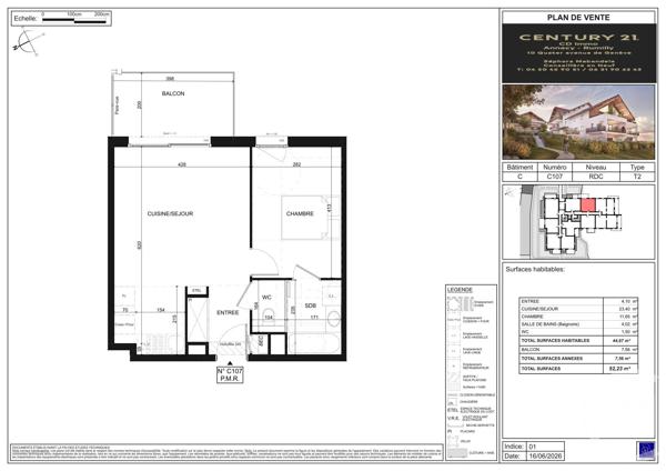 Appartement T2 à vendre  2 pièces - 44,67 m 2   POISY  - 74
