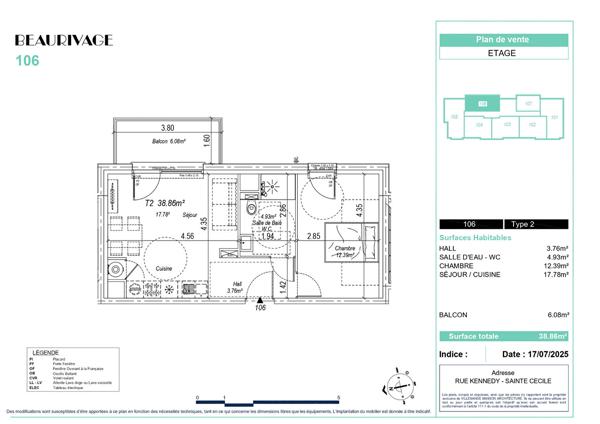 Appartement 2 pièces Sainte Cécile 38.86m²