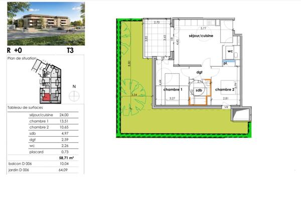 SAUVIAN. T3 REZ-DE-JARDIN 59 M². JARDIN EN L 64 M² (OUEST) ET PARKING