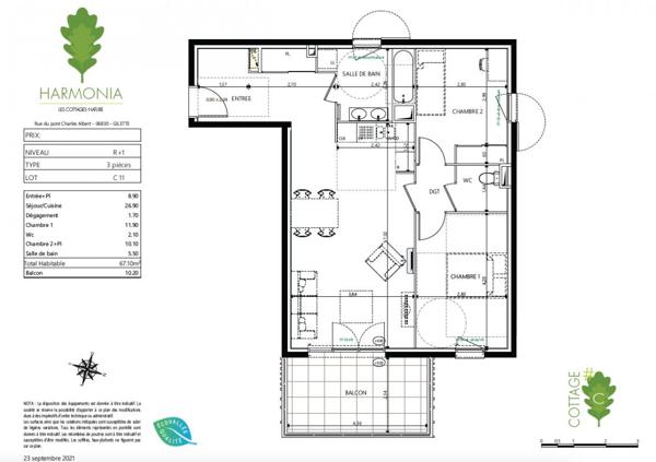 Magnifique T3 de 67 m² avec sa terrasse de 10 m², un double stationnement