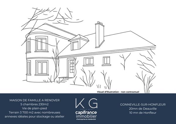 Gonneville-sur-Honfleur, maison de famille 230m2 à rénover sur terrain de 3 700 m², grandes dépendances, à 10 min d’Honfleur et 20 min de Deauville