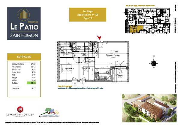 Toulouse 31100 Chemin de Lestang SANS FRAIS D'AGENCE Agréable T3 récent Exposé PLEIN SUD Neuf BBC de 60.01m² , terrasse de 5.17m², cellier/buanderie  , 2 places de parking en sous sol