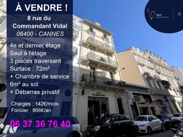 CANNES - 8 rue Commandant Vidal. Seul au 4e et dernier étage, 3p traversant + chambre + débarras.