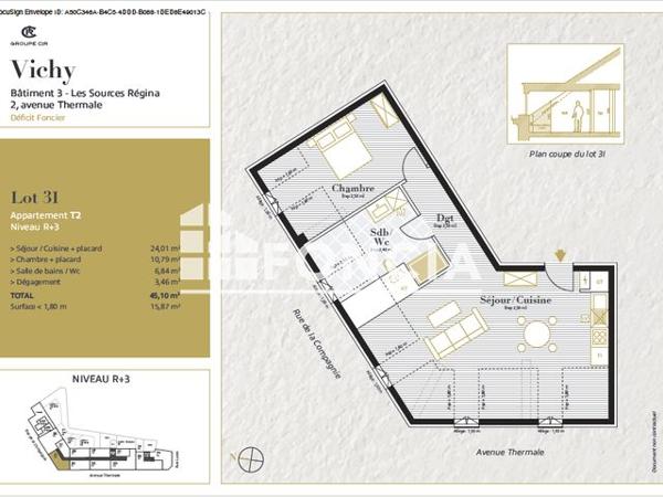 Location Appartement 2 pièces 43.72 m² - LES SOURCES REGINA - LOGEMENT 3I Vichy 03200