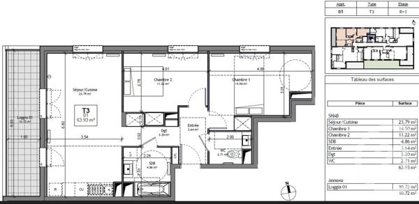 Appartement à vendre  3 pièces - 63,93 m 2   BEAUNE  - 21