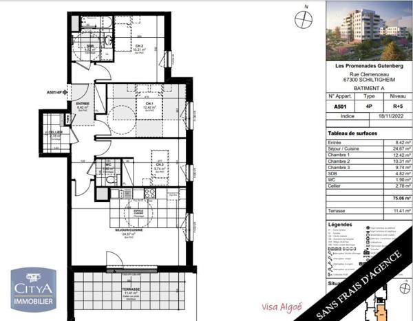 Location appartement Schiltigheim (67300) 4 pièces 75.06m²