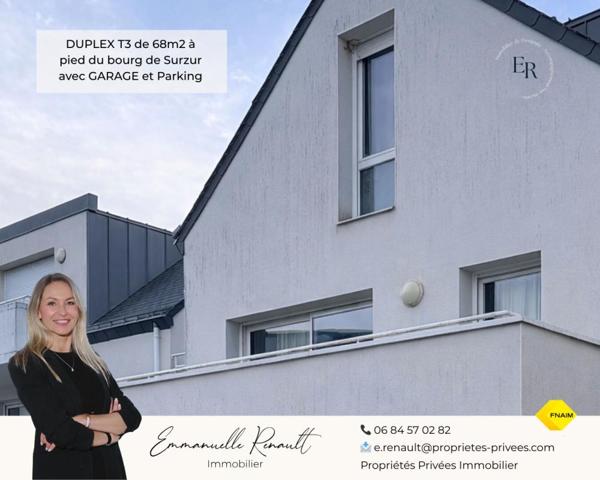 SURZUR Appartement T3 en DUPLEX de 67,70 m2. Terrasse, garage fermé et parking. À pied du bourg