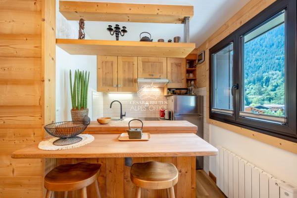 CHAMONIX, secteur Les Praz, appartement 1 pièce + coin nuit, 31 m² au total dont 23 m² habitables, balcon et parking.