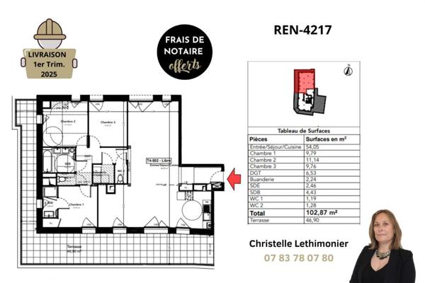 Appartement Rennes 4 pièces - 102,87m² + Terrasse de 46,90m² - Quartier Sainte Thérèse