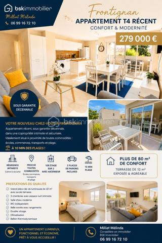 ✨ FRONTIGNAN – Appartement T4 récent de 2021 ✨

🌴 À seulement 10 min des plages et autoroute.
🛍️ Proche écoles, transports et commodités.

Vous recherchez un appartement moderne, lumineux et idéalement situé ?

✨ Dès l’entrée, vous serez séduits par sa vaste pièce de vie de 32 m² baignée de lumière, avec cuisine ouverte et accès direct à une agréable terrasse de 12 m², parfaite pour profiter des beaux jours.

L’espace nuit, parfaitement séparé, offre 3 chambres confortables, une salle d’eau moderne ainsi qu’un WC indépendant.

✅ Prestations de qualité :
• Climatisation
• Double vitrage
• Ballon thermodynamique
• Ascenseur
• 2 places de parking privatives
• Résidence calme et sécurisée

☀️ Un appartement lumineux, fonctionnel et prêt à vivre.

Un appartement clé en main, moderne, fonctionnel et baigné de lumière ☀️

Chers confrères, je suis ouverte à l'inter-agence.

📞 Contact & visites :
Milliat Mélinda – BSK Immobilier
06 99 16 72 10
