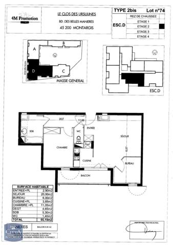 Appartement à louer 2 pièces 55.15m²