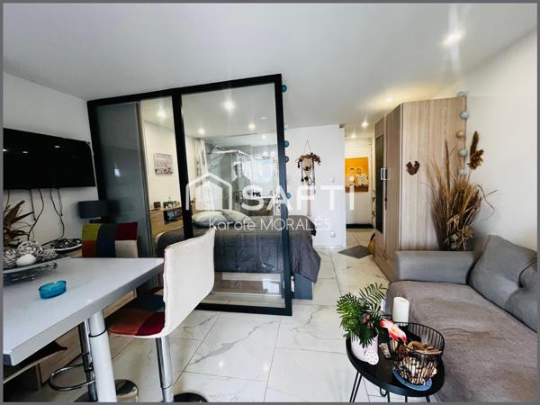 CANET EN ROUSSILON PLAGE, STUDIO VENDU  MEUBLE,AVEC BALCON VUE MER LATERALE!