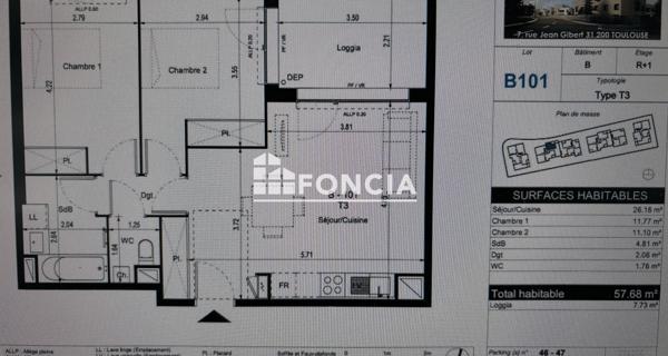 Location Appartement 3 pièces 57.68 m² - Toulouse 31200