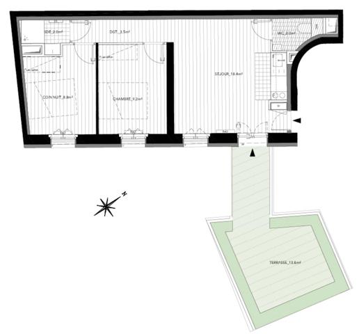 appartement T2 neuf dans immeuble restauré à vendre PARIS 17e, surface 43,90 m2 + terrasse 13,80 m2