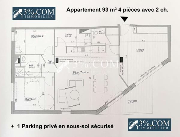Appartement 4 pièce(s) 2 chambre(s) 93 m²