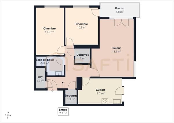 Appartement T3 de 64 m2 fonctionnel, 2 balcons, garage dans une résidence sécurisée à deux pas du centre ville