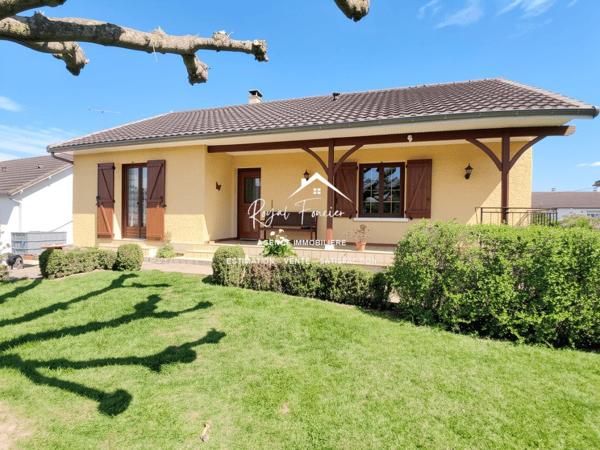 Vue sur la terrasse sous le préau et le jardin