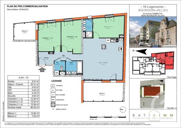 Appartement T4 à vendre  4 pièces - 86,35 m2 BOURGOIN JALLIEU - 38