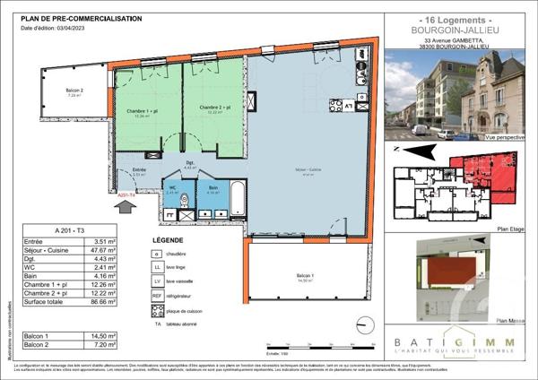 Appartement T4 à vendre  4 pièces - 86,35 m2 BOURGOIN JALLIEU - 38