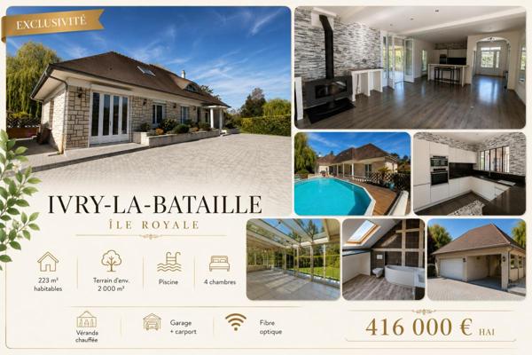 IVRY LA BATAILLE 27540 Maison individuelle avec véranda chauffée - 1 étage - 4 chambres - Double garage - Quart port - Piscine Hors Sol Chauffée - Terrain - 416000  HAI