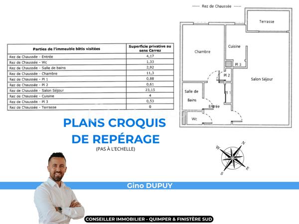 QUIMPER – APPARTEMENT T2 DE 50 M² ENVIRON – REZ-DE-CHAUSSÉE – RÉSIDENCE SÉCURISÉE DE 2003 – BALCON – CHAMBRE AVEC PLACARD – CUISINE AMÉNAGÉE ET ÉQUIPÉE – PARKING PRIVATIF – LOCAL VÉLOS – RAVALEMENT DÉJÀ VOTÉ À CHARGE VENDEUR – DPE C.

**** Rez-de-chaussée – balcon – parking aérien privatif – ravalement de façade déjà voté et pris en charge par le vendeur. ****

Gino DUPUY vous propose, à Quimper, à proximité des commerces, des commodités et des établissements scolaires, cet appartement T2 de 50 m² environ, situé au rez-de-chaussée d'une résidence sécurisée de 2003.

L'appartement bénéficie d'une distribution fonctionnelle, avec un séjour donnant directement accès au balcon, une cuisine semi-ouverte aménagée et équipée ainsi qu'une chambre disposant de son propre placard.

Une place de stationnement aérienne privative complète le bien. La copropriété dispose également d'un local à vélos commun.

Point important : le ravalement de la résidence a déjà été voté et restera à la charge du vendeur.

L'appartement se compose de la manière suivante :

– Une entrée avec placard.
– Un salon-séjour donnant sur le balcon.
– Une cuisine semi-ouverte, aménagée et équipée.
– Une chambre avec placard intégré.
– Une salle de bains.
– Un WC indépendant.

Informations complémentaires :

– Surface : 50 m².
– Résidence construite en 2003.
– Rez-de-chaussée.
– Résidence sécurisée.
– Balcon.
– Parking aérien privatif.
– Local à vélos commun.
– Chauffage électrique par radiateurs à inertie programmables.
– Volets roulants manuels.
– Menuiseries PVC double vitrage
– Fibre optique.
– Assainissement collectif : tout à l'égout.
– Interphone.
– Ravalement déjà voté et à charge vendeur.
– DPE : classe C 
– Taxe foncière : 817 €.
– Charges de copropriété : environ 99 €/mois

*** Plan croquis et superficies en fin d'annonce ***

Un appartement adapté aussi bien à une résidence principale qu'à un projet d'investissement, avec stationnement privatif et balcon, tout en bénéficiant d'un emplacement pratique à proximité des principaux services de Quimper.

--- Visite uniquement sur rendez-vous ---

Contact Exclusif BSK : Gino DUPUY

VENTE IMMOBILIÈRE – QUIMPER & FINISTÈRE SUD
Échangeons sur votre projet, sans engagement, pour définir la meilleure stratégie de vente.

APPORTEURS D'AFFAIRES
Vous connaissez quelqu'un qui souhaite vendre ou acheter ?
Un simple message suffit pour initier un contact, je m'occupe du reste. Rémunération attractive.

COLLABORATION INTERCABINET
Discutons volontiers d'un partage de mandat ou d'un acheteur en recherche.

Honoraires charge vendeur : aucun frais d'agence supplémentaires pour vous.
Le prix affiché est votre prix final hors frais de notaire.