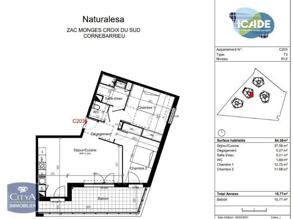 Appartement à louer 3 pièces 64.36m² Cornebarrieu (31700)
