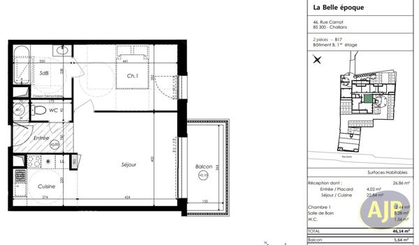 Appartement à vendre Challans - 2 pièces, 46m² avec 1 chambre(s) à 190 000€ - AJP Immobilier Challans