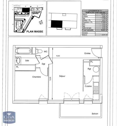 Appartement à louer 2 pièces 44.62m²