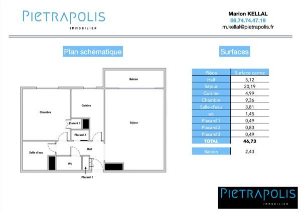 Résidence Services - T2 de 46,50 m² avec climatisation. Balcon. Cave