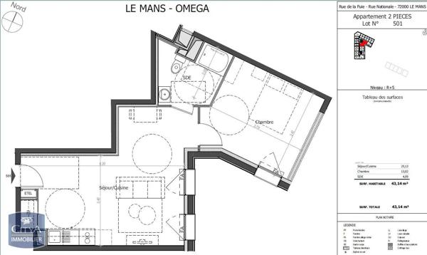 Appartement à louer 2 pièces 43.14m² Le Mans (72000)